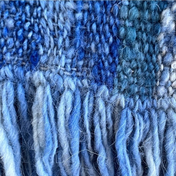 Handmade 100% Wool Fringe Poncho Artesania King Uruguay Blue Stripe Woven Medium - Picture 10 of 13